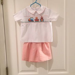 smocked set with hardly noticeable stain on shirt